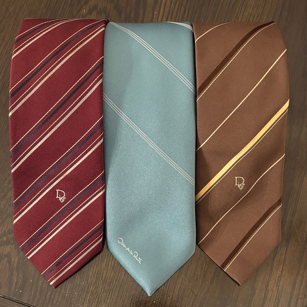 Vintage Designer Tie Bundle | Dior (2) + Oscar de la Renta | 80s 90s | 55” each